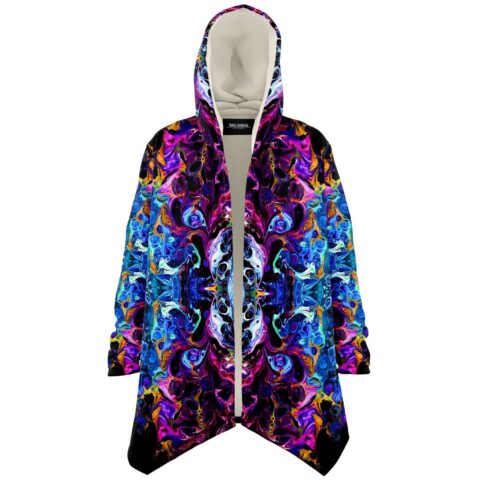 Kaleidoscopic acid swirl cloak open front showing cream fleece lining and hood
