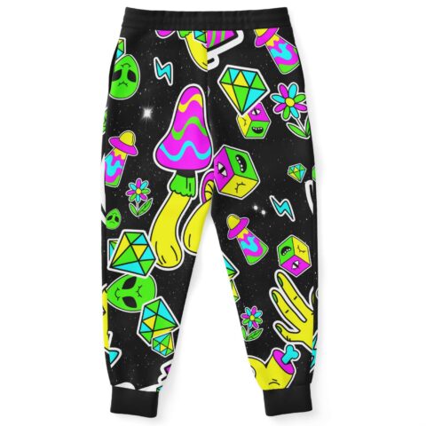Back view of black joggers showing cartoon sticker pattern with neon mushroom alien face