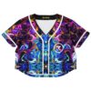 Abstract swirl rave cropped baseball jersey with a vibrant multicolor swirling print
