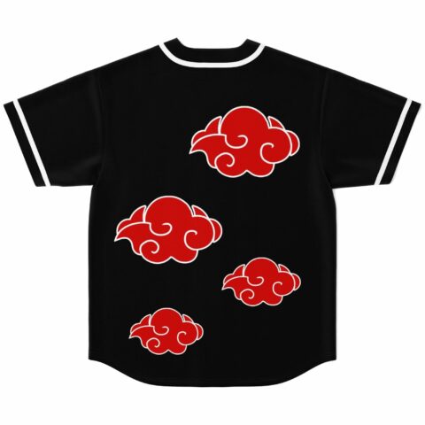 Black rave jersey back view showing scattered red cloud print across shoulders and hem