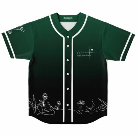 Green to black ombre rave baseball jersey with white line flower art, front view