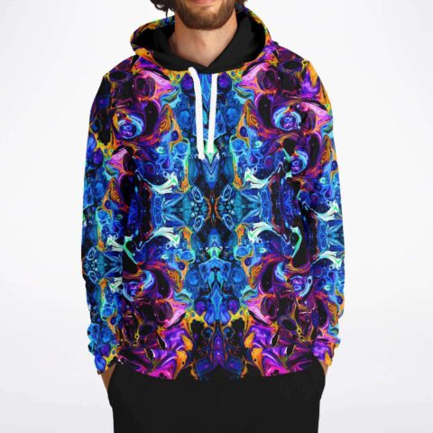 Blue kaleidoscope liquid marble rave hoodie front view with black hood and white drawstrings