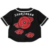 Black and red geometric rave cropped baseball jersey with geometric pattern and clouds, back view