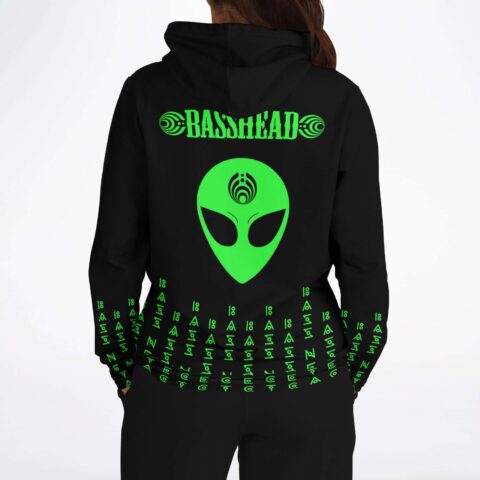 Back view of black hoodie reading Basshead with large green alien face and glyph cuffs
