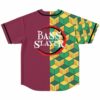 Bass Slayer text with red circle emblem on maroon back panel beside cube pattern sleeve