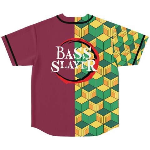 Bass Slayer text with red circle emblem on maroon back panel beside cube pattern sleeve