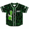 Black baseball jersey with neon green drip print and cartoon snail patch reading Snails