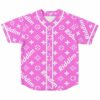 Pink monogram print baseball jersey with white Riddim text front view flat lay