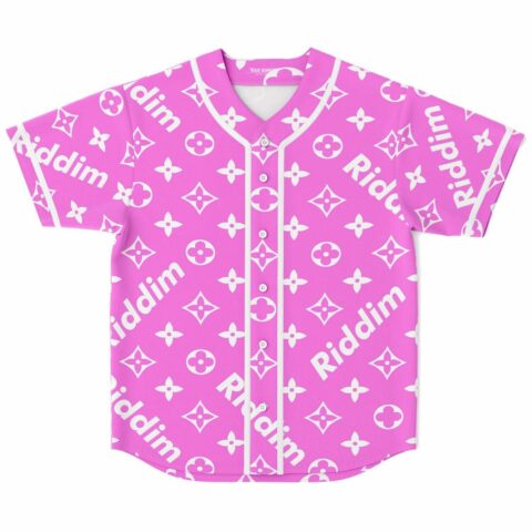 Pink monogram print baseball jersey with white Riddim text front view flat lay