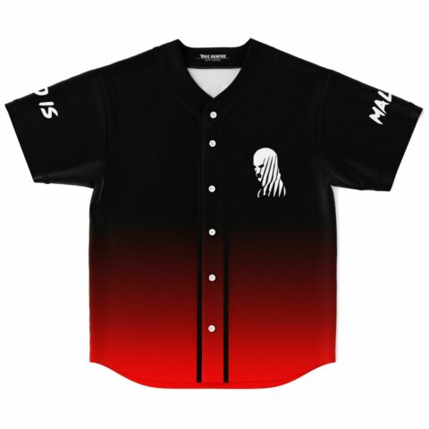 Black to red ombre rave baseball jersey with masked silhouette graphic, front view