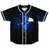 Deep space galaxy rave baseball jersey front view with white mammoth chest logo