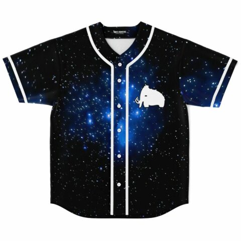 Deep space galaxy rave baseball jersey front view with white mammoth chest logo