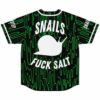 Back view of dripping neon green jersey with white snail silhouette and text Snails Fuck