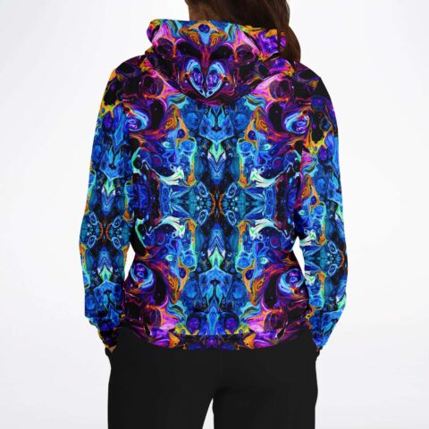 Blue kaleidoscope liquid marble rave hoodie back view showing symmetrical acid swirl print