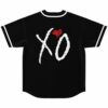 Black baseball jersey with cracked white XO lettering and bleeding red heart, back view