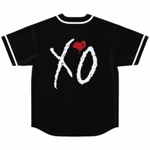 Black baseball jersey with cracked white XO lettering and bleeding red heart, back view