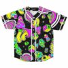 Front view of black psychedelic sticker rave baseball jersey with trippy mushrooms and swirling eyes