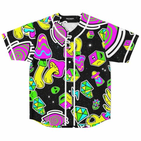 Front view of black psychedelic sticker rave baseball jersey with trippy mushrooms and swirling eyes