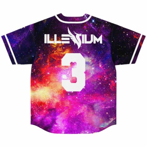 Purple galaxy print jersey back with winged text logo and number 3 patch