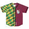 Green yellow split rave baseball jersey with geometric cube print and fox mask patch front