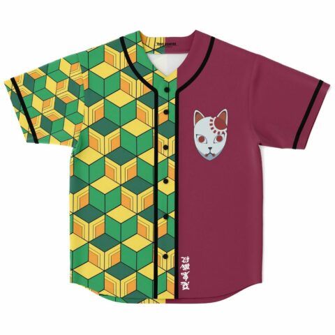 Green yellow split rave baseball jersey with geometric cube print and fox mask patch front