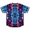 Back view of purple and blue mirrored psychedelic marble print baseball jersey laid flat
