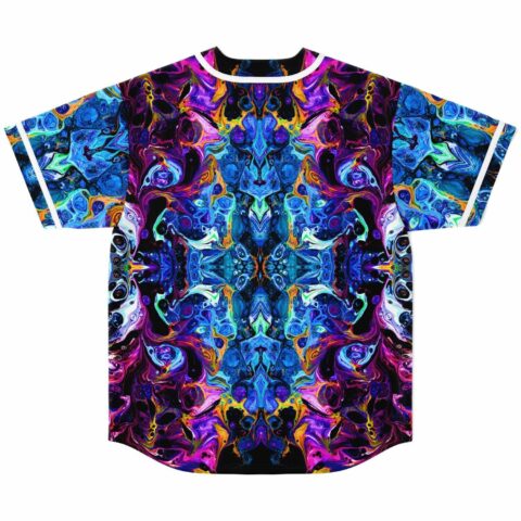 Back view of purple and blue mirrored psychedelic marble print baseball jersey laid flat