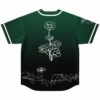 Back view of dark forest jersey showing white line-art flower bouquet and scribble design