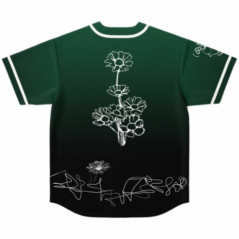 Back view of dark forest jersey showing white line-art flower bouquet and scribble design