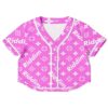 Pink riddim monogram rave crop top, front view with the white monogram pattern