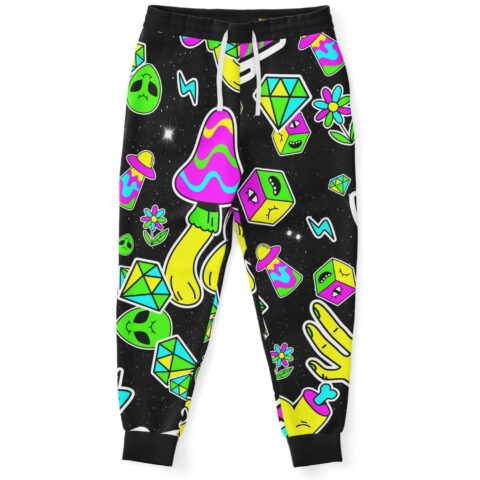 Front view of black rave joggers with cartoon sticker print of mushrooms aliens and gem
