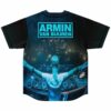 Flat lay back view of festival jersey showing DJ silhouette over lightstick crowd scene