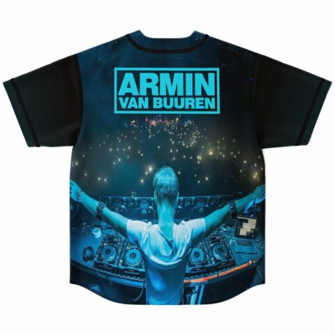 Flat lay back view of festival jersey showing DJ silhouette over lightstick crowd scene