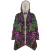 Open front view of psychedelic rave cloak showing symmetrical trippy mandala design and cream lining