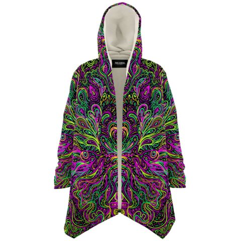 Open front view of psychedelic rave cloak showing symmetrical trippy mandala design and cream lining