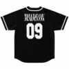 Back view of black rave baseball jersey with bass-inspired wordmark and 09 number print