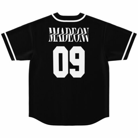 Back view of black rave baseball jersey with bass-inspired wordmark and 09 number print