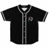 Black baseball jersey with white XO wordmark and red heart on chest, front view