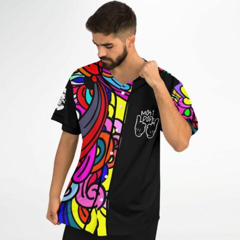 Man wearing abstract psychedelic swirl baseball jersey with yellow button placket, front view