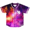 Cosmic nebula rave baseball jersey with white winged logo on chest, front view laid flat