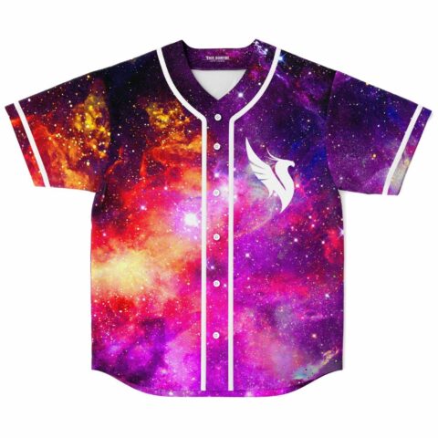 Cosmic nebula rave baseball jersey with white winged logo on chest, front view laid flat