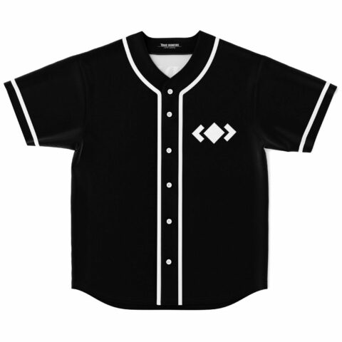 Black minimal team rave baseball jersey front view with white diamond arrow logo on chest