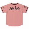 Dusty pink rave jersey back view with san holo script text and black button placket