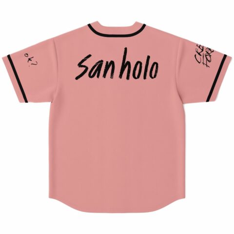 Dusty pink rave jersey back view with san holo script text and black button placket