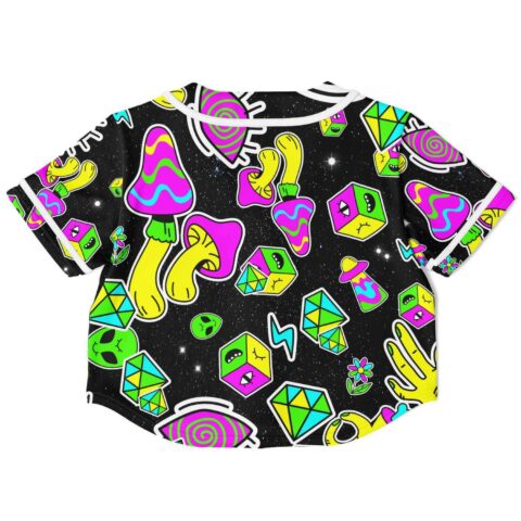 Back view of crop top featuring playful psychedelic designs and bright colors