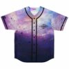 Purple cosmic galaxy rave baseball jersey with drifting asteroid print, front view