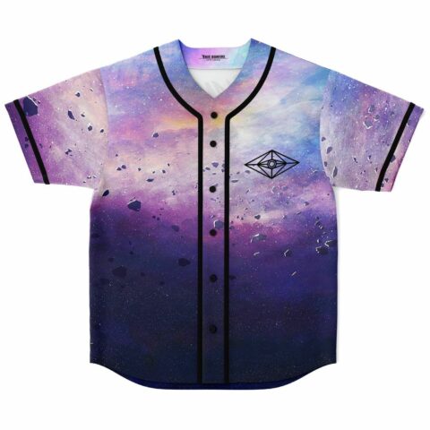 Purple cosmic galaxy rave baseball jersey with drifting asteroid print, front view