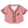 Pink pixel art rave crop top with black trim, front view