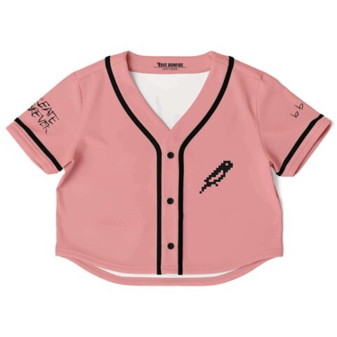 Pink crop top jersey with black trim and pixel art details