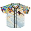 Front view of oil slick baseball jersey with iridescent swirl print and black button placket